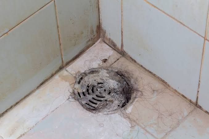 Bathroom shower floor drain blocked by heavy tangled hair and soap residue in Houston, TX 77002